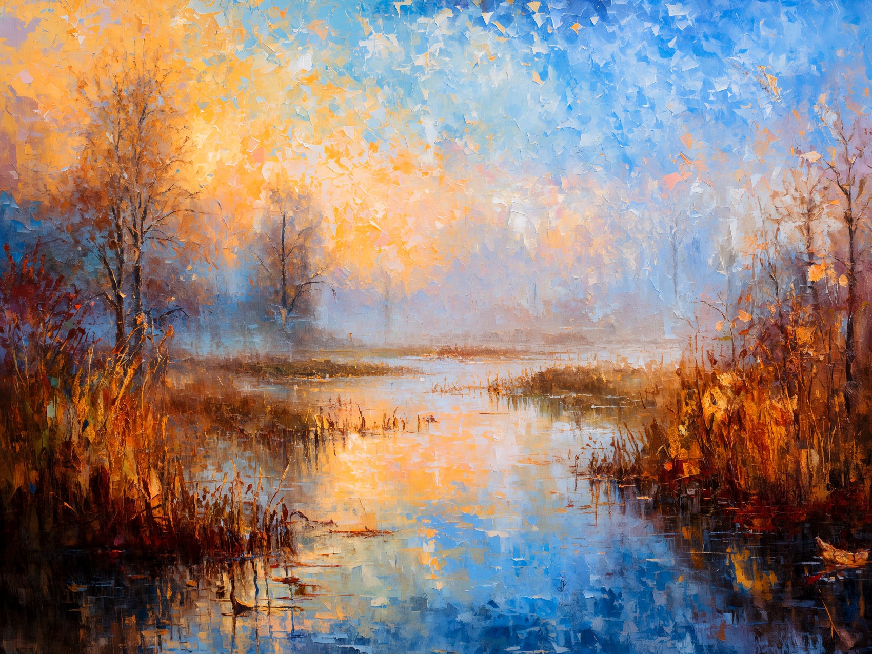 Reeds at First Light — a painterly oil landscape of a still marsh at dawn.